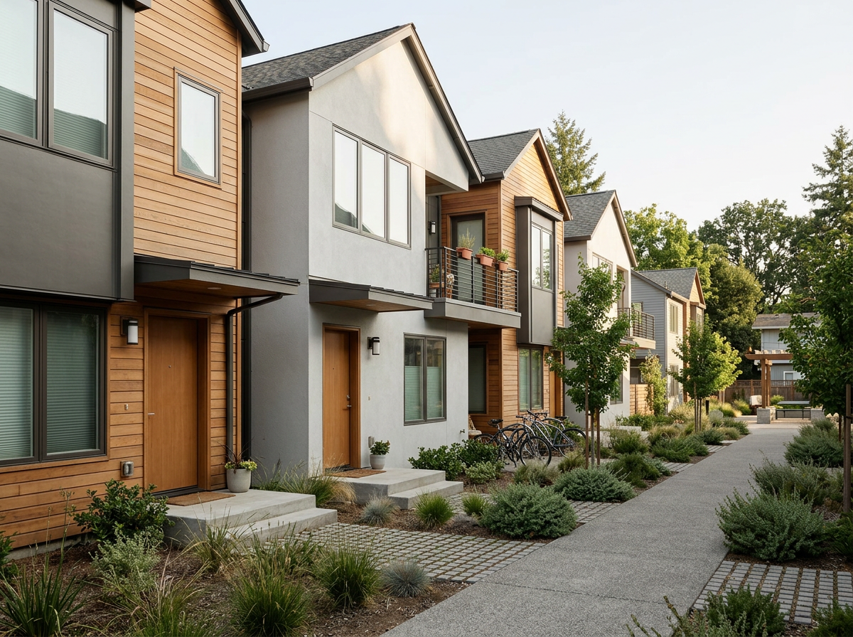 A modern residential apartment complex with exterior walkways, surrounded by Landscaping with shrubs and small trees.