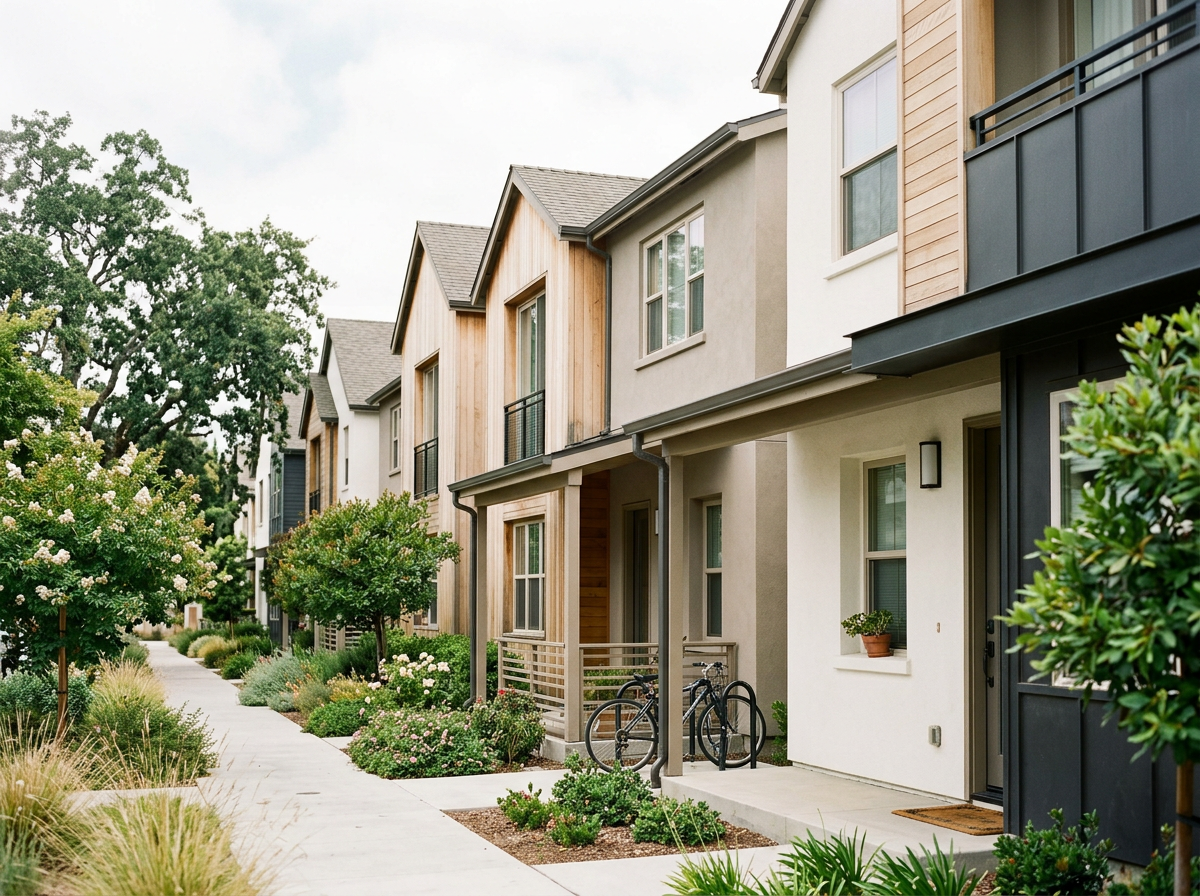 Row of modern townhouses with landscaped front yards and sidewalk