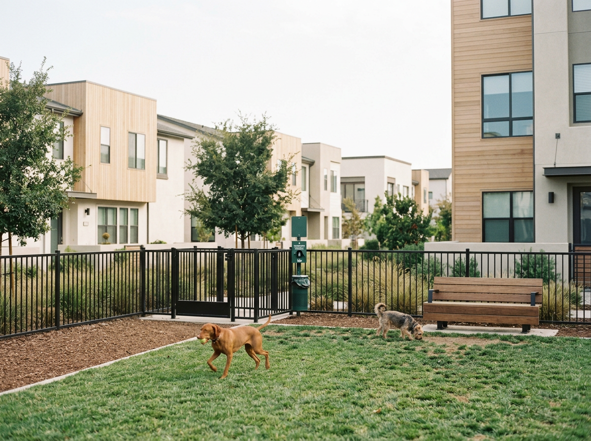 Dog park with two dogs playing on grass, surrounded by modern apartment buildings and a black metal fence.