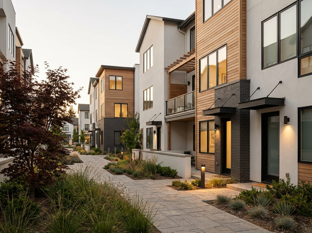 Modern residential apartment complex with landscaped walkway, wooden and white exterior walls, large windows, and outdoor lighting at dusk.