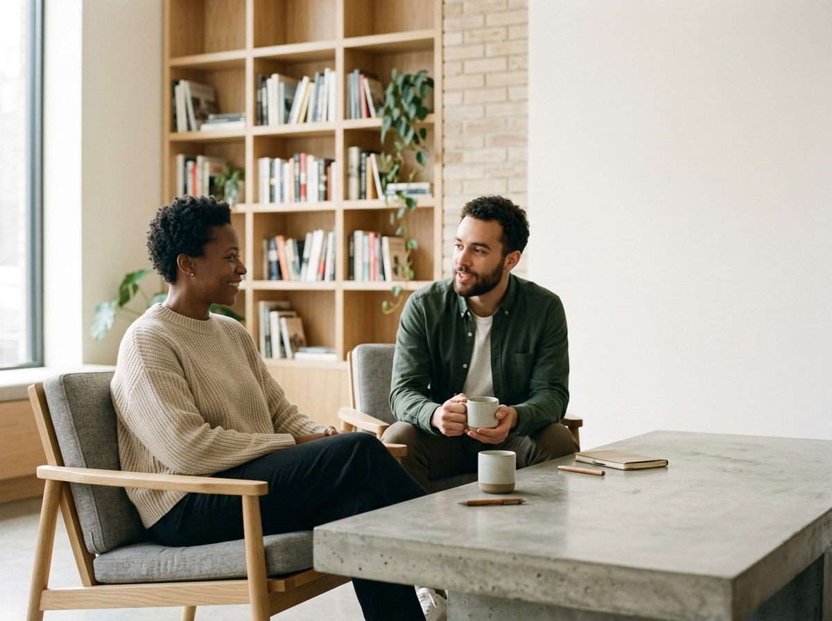 A woman and a man sitting at a table in a room with a bookshelf, having a conversation while drinking coffee.