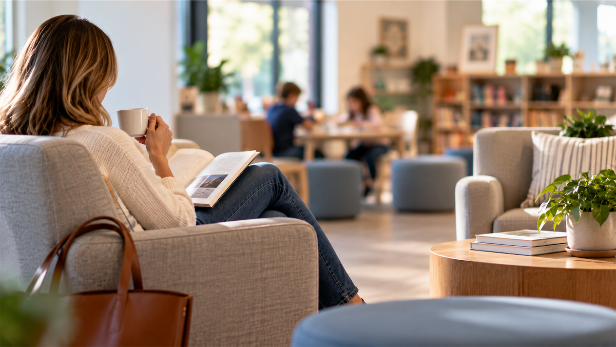 Parent enjoying coffee and reading in a comfortable lounge while students study together in the background.