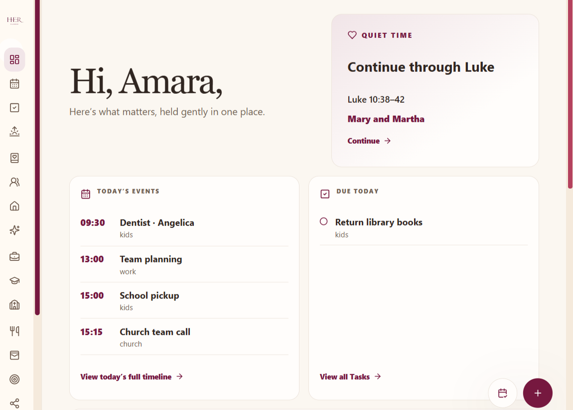 HER Planner daily view showing events, tasks, priorities and quiet time