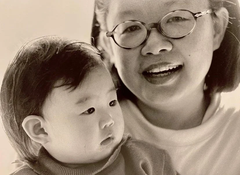 Jiggy Yoon as a child with her mother in a black-and-white family photograph