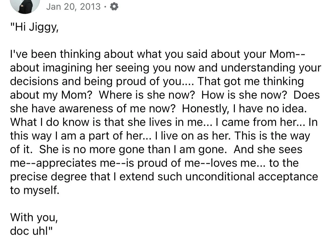 A 2013 email from Dr. Christopher Uhl encouraging Jiggy Yoon, later shared by Jiggy on Facebook