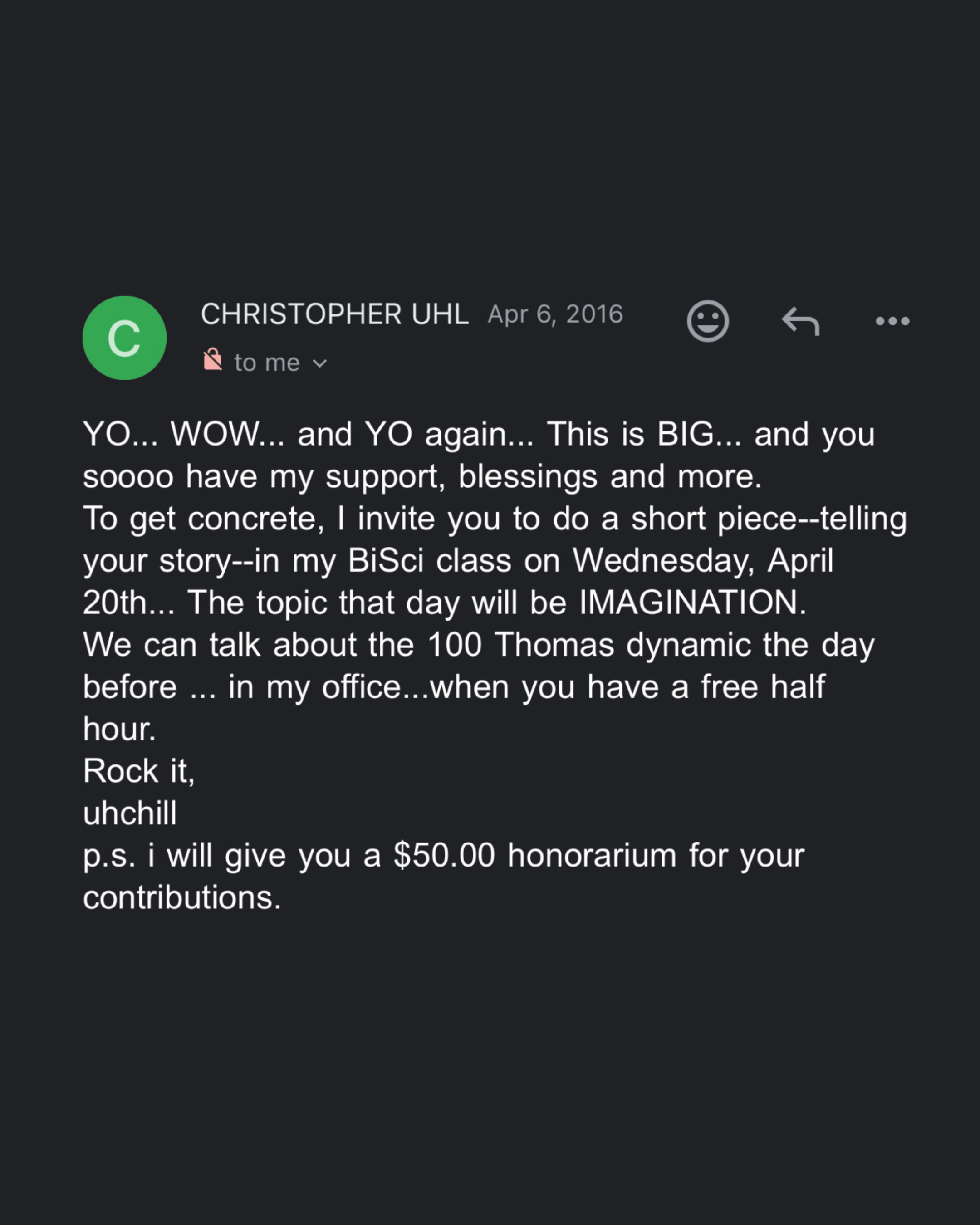 A 2016 email from Dr. Christopher Uhl offering Jiggy Yoon her first paid speaking opportunity