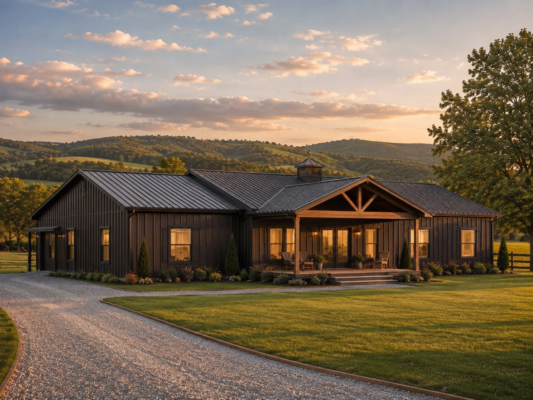A modern black barn-style house with a metal roof and large windows, situated in a rural setting with green grass, trees, and rolling hills in the background during sunset.