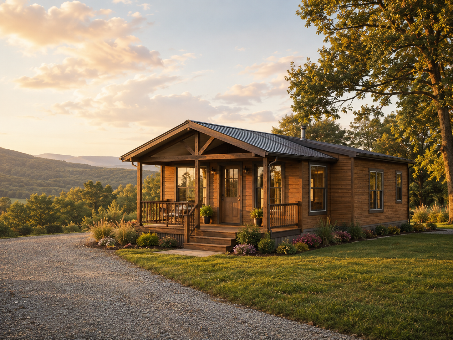 A charming wooden house with a front porch, surrounded by green grass and flowering plants, set against a backdrop of rolling hills and trees at sunset.