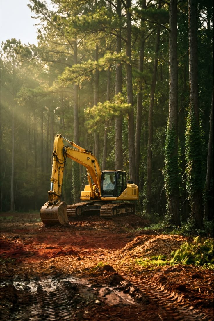 A yellow excavator working on a logging site in a dense forest with tall trees and green foliage, with sunlight filtering through the trees.