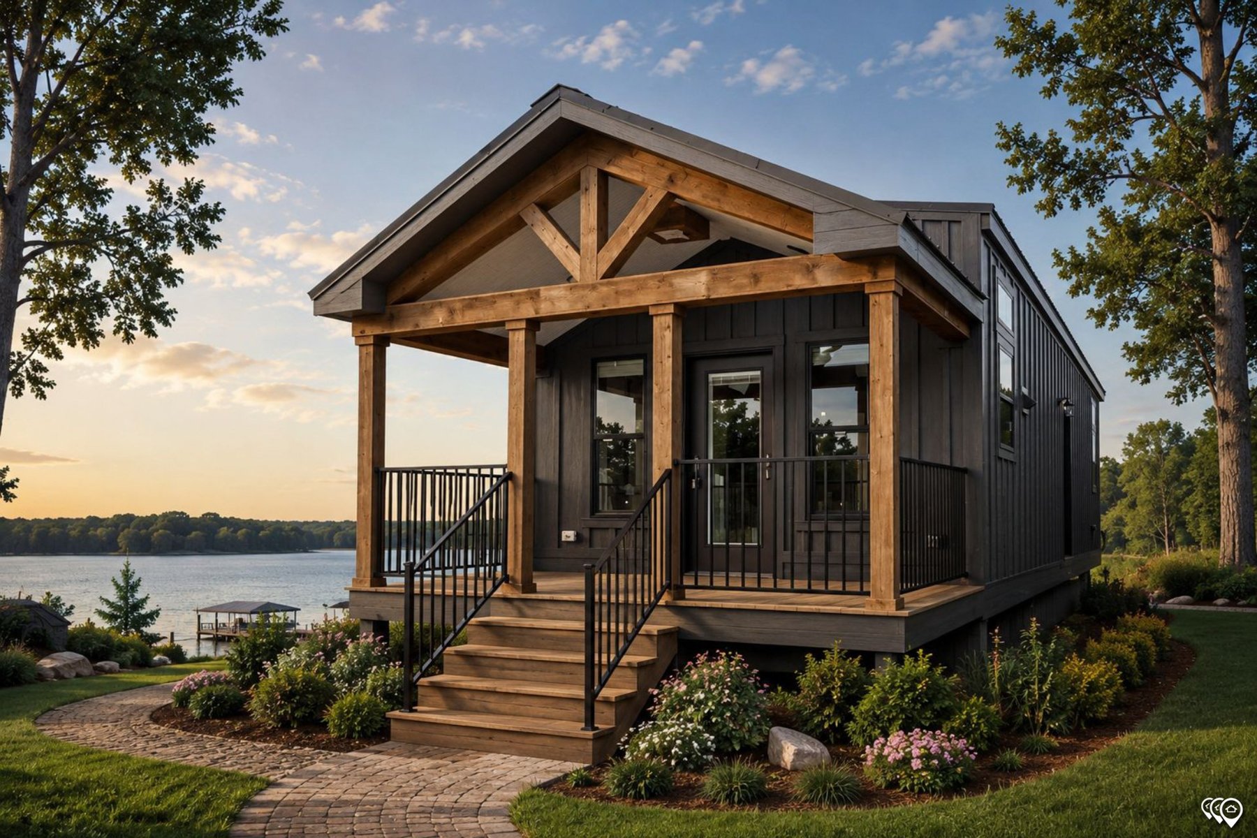 Modern house with black exterior and wooden accents, overlooking a lake, surrounded by landscaped garden with trees and flowers, at sunset.