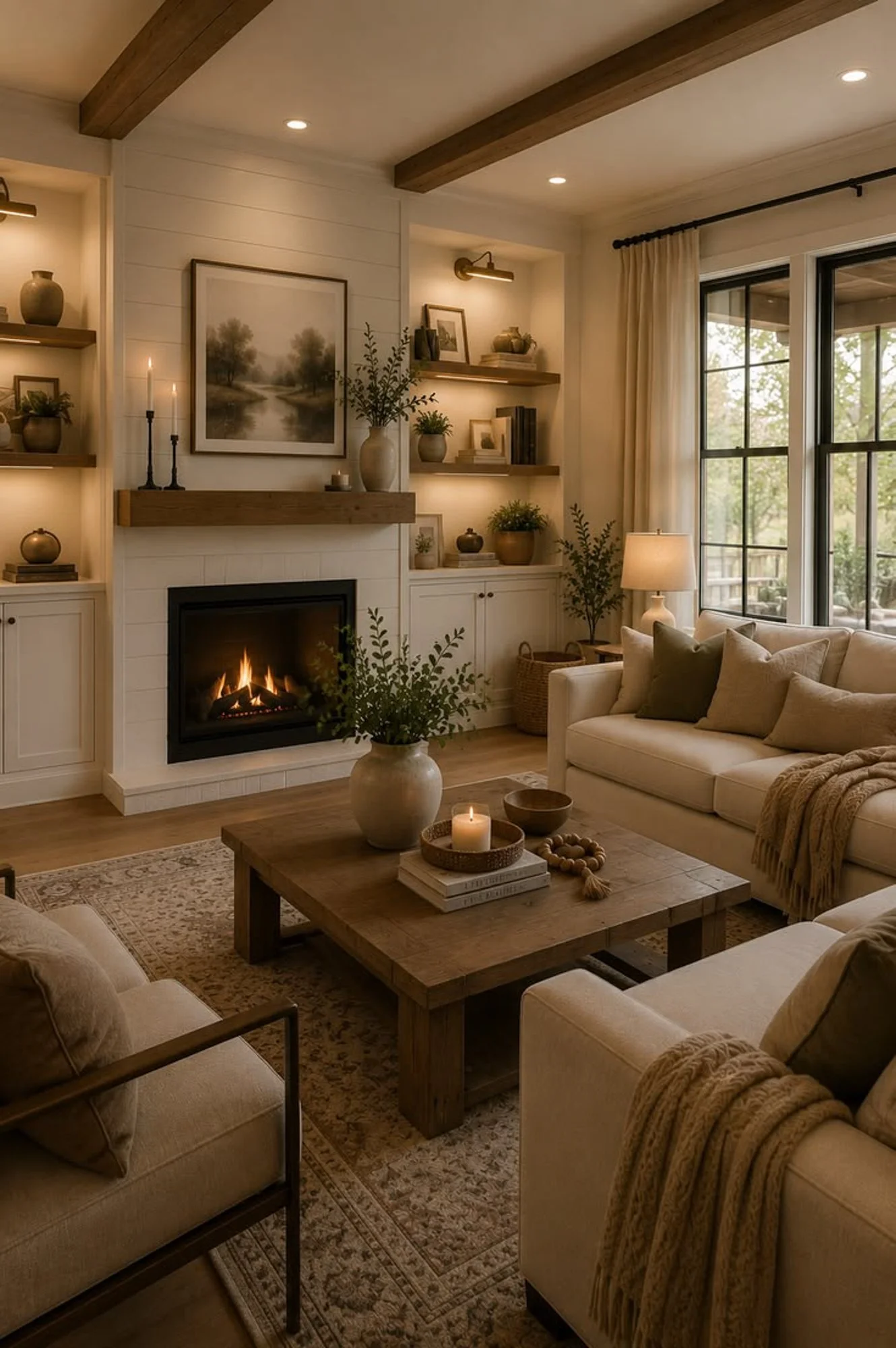 Living room with beige sofas, a wooden coffee table, a fireplace, plants, framed artwork, and large windows with cream curtains.