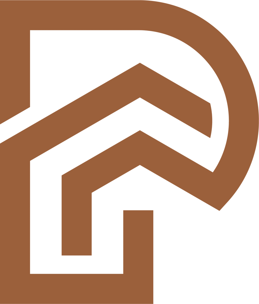 Abstract logo design with black and brown geometric shapes and arrow motifs.