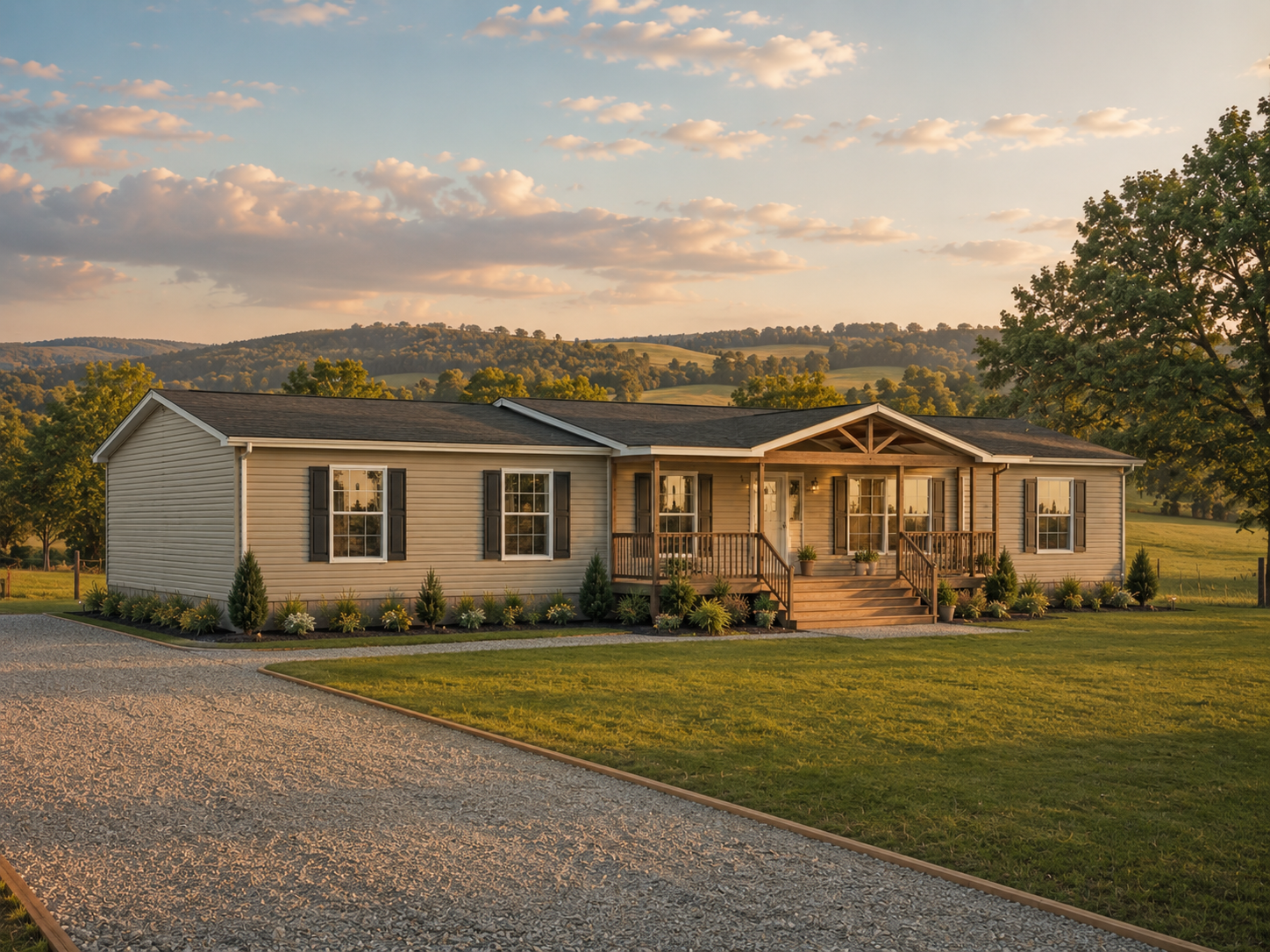A single-story house with beige siding, black shutters, and a wooden porch, surrounded by a lawn and landscaped plants, with hills and trees in the background during sunset.
