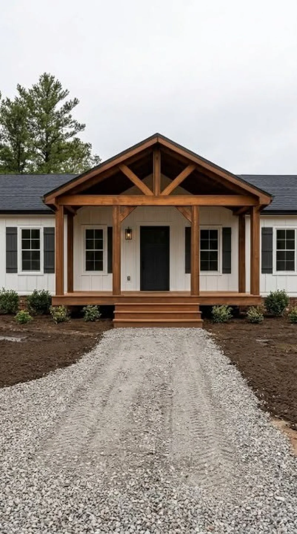 Front view of a house with a porch, black door, and six stairs leading to the entrance, with a gravel driveway in front and shrubs on either side.