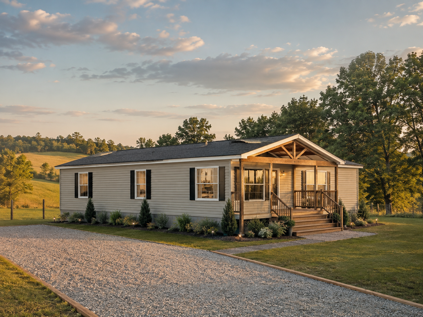A single-story house with a front porch, surrounded by green lawn and landscaping, under a partly cloudy sky at sunset.