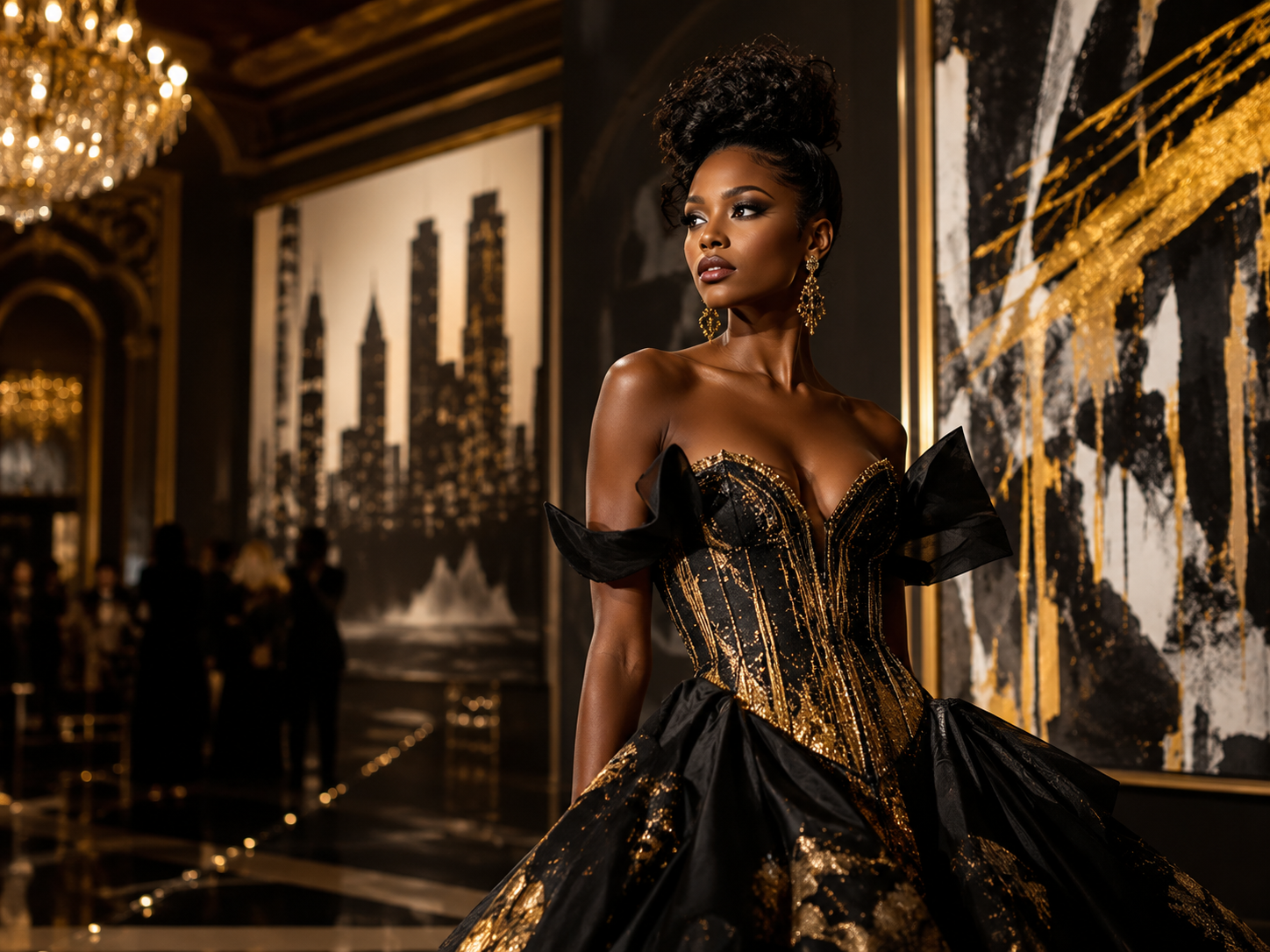 A woman in an elegant black and gold gown with intricate detailing, standing in a luxurious, gold-accented room with a chandelier and large cityscape artwork in the background.