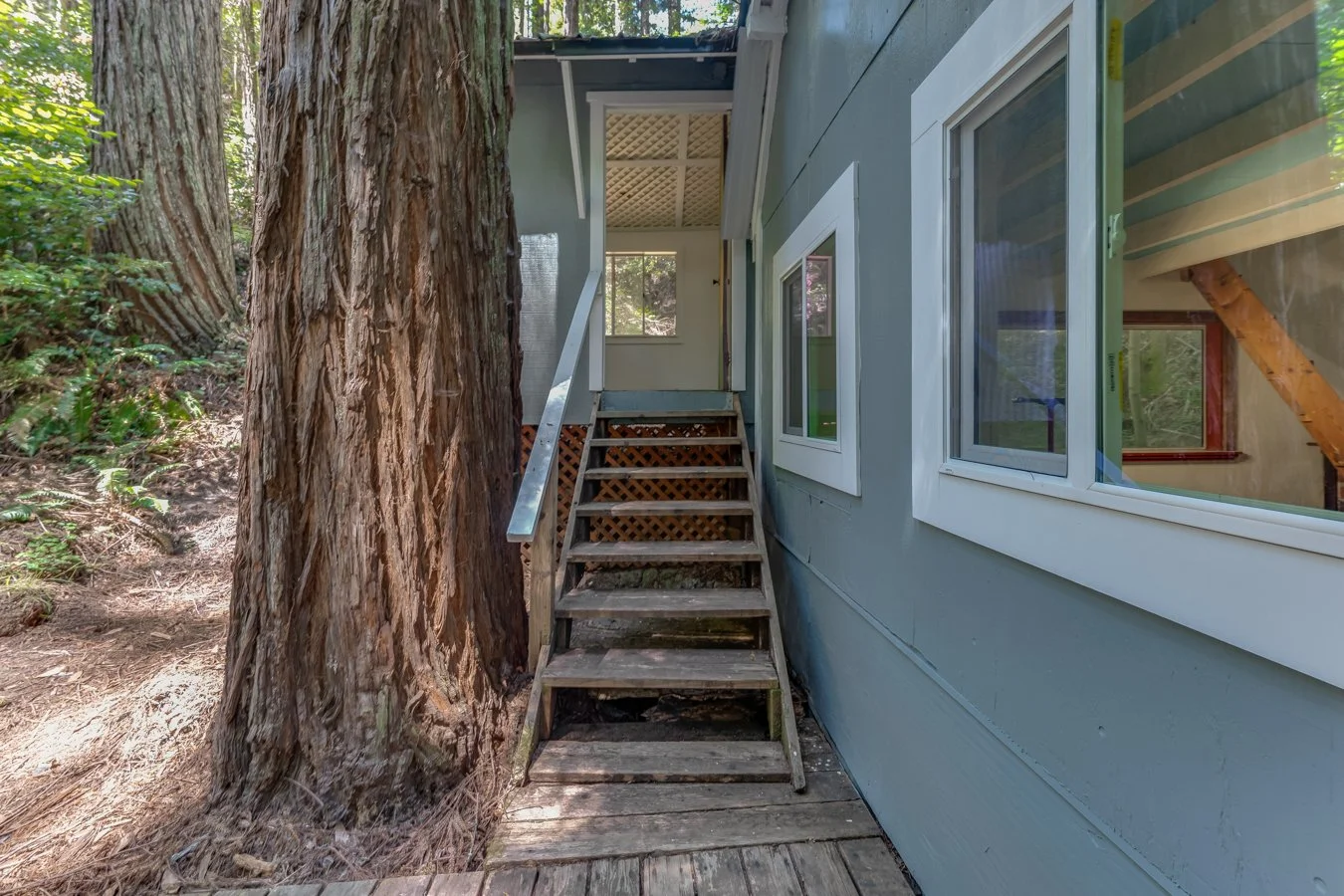 A small wooden staircase with a metal railing leading up to a door on a gray house with large windows. The house is next to a large tree in a wooded area.