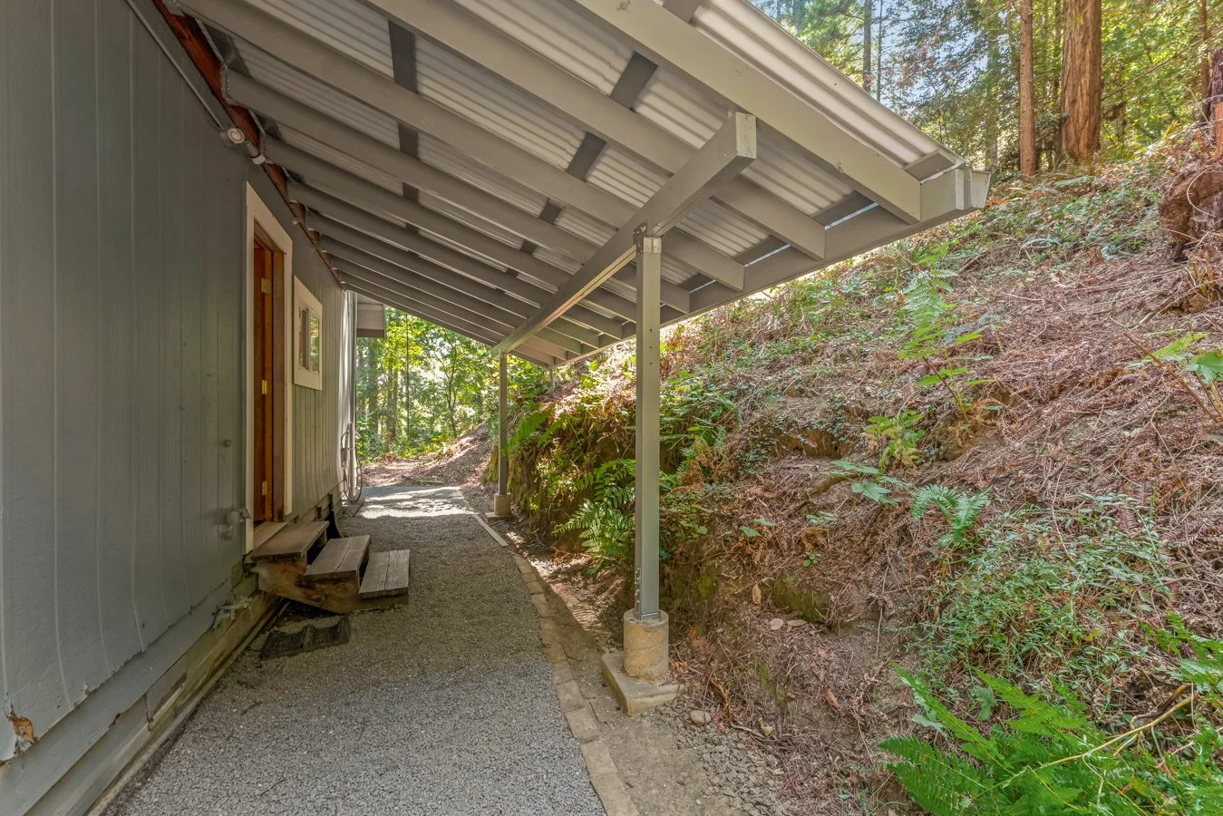 Side view of a house with a metal roof overhang and gravel pathway, adjacent to a forested hillside with ferns and trees.