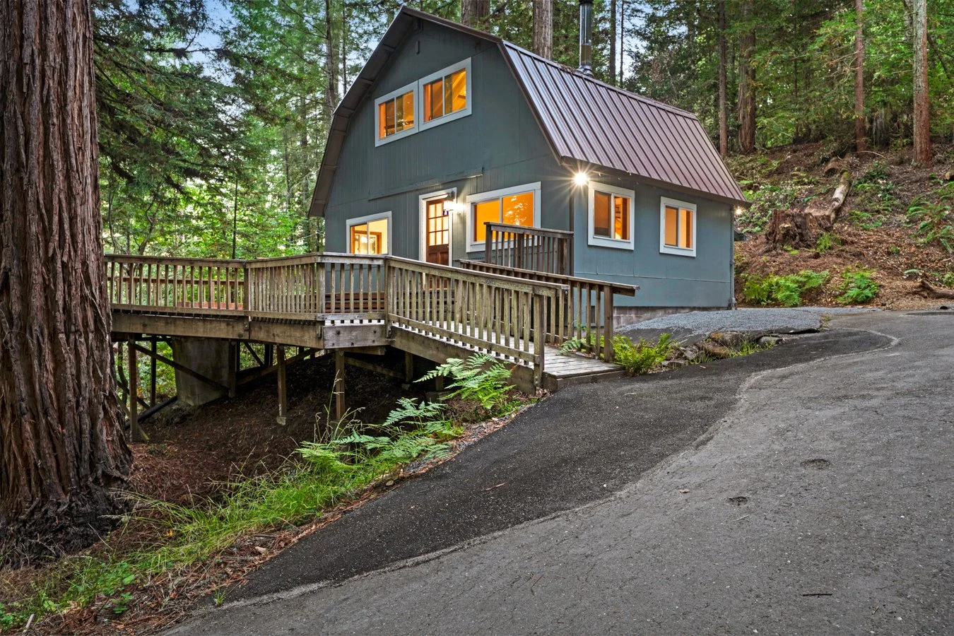 A gray house with a metal roof and white-framed windows is situated in a forest. The house has a wooden ramp leading to the front door and warm interior lighting visible through the windows. Tall trees surround the house, and there is a paved drivewa