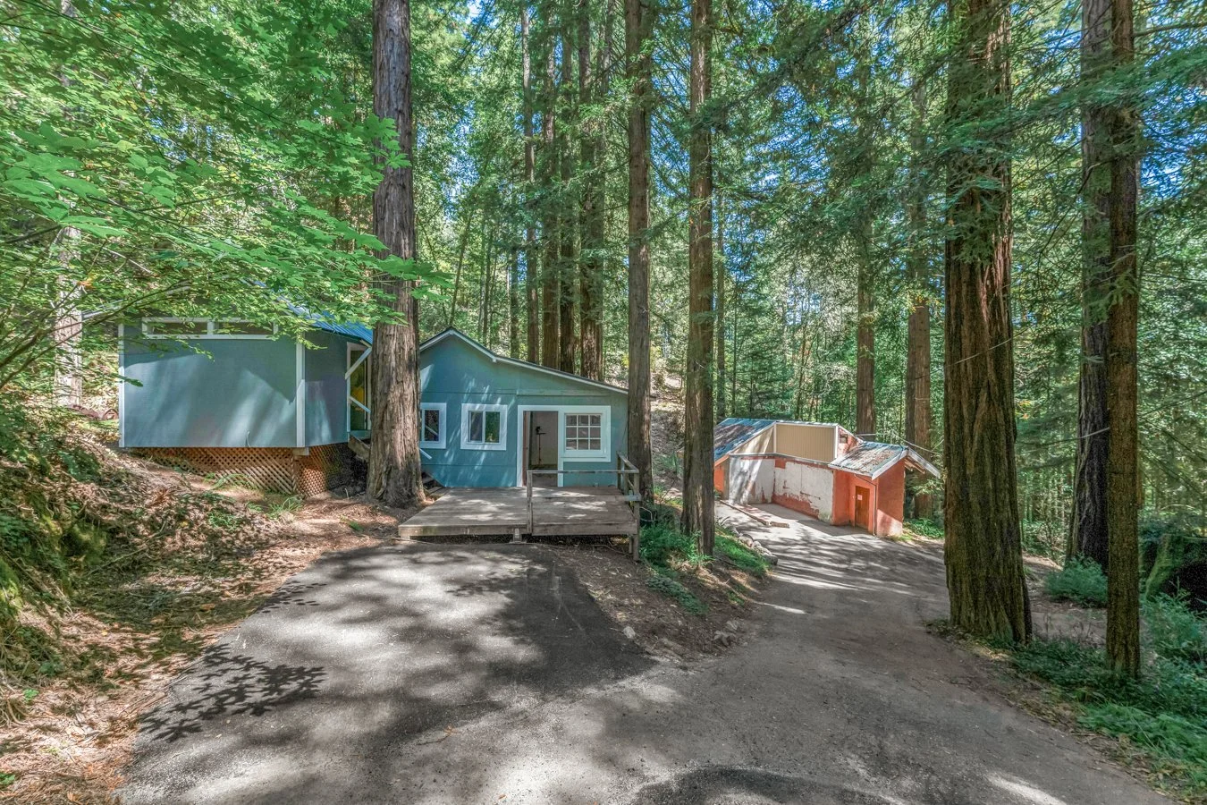 A small blue house with a wooden ramp, surrounded by tall trees, and a dirt driveway leading to two other small structures in a wooded area.