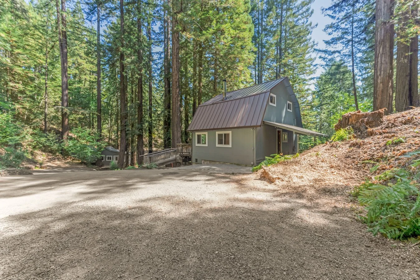 A small gray house with a metal roof is situated in a forest with tall trees surrounding it. There is a dirt driveway in front of the house and a small wooden deck on the side.