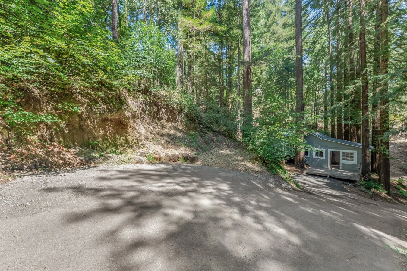 A small gray cabin with a sloped roof and front porch, situated among tall trees in a forested area, with a dirt landing in the foreground.