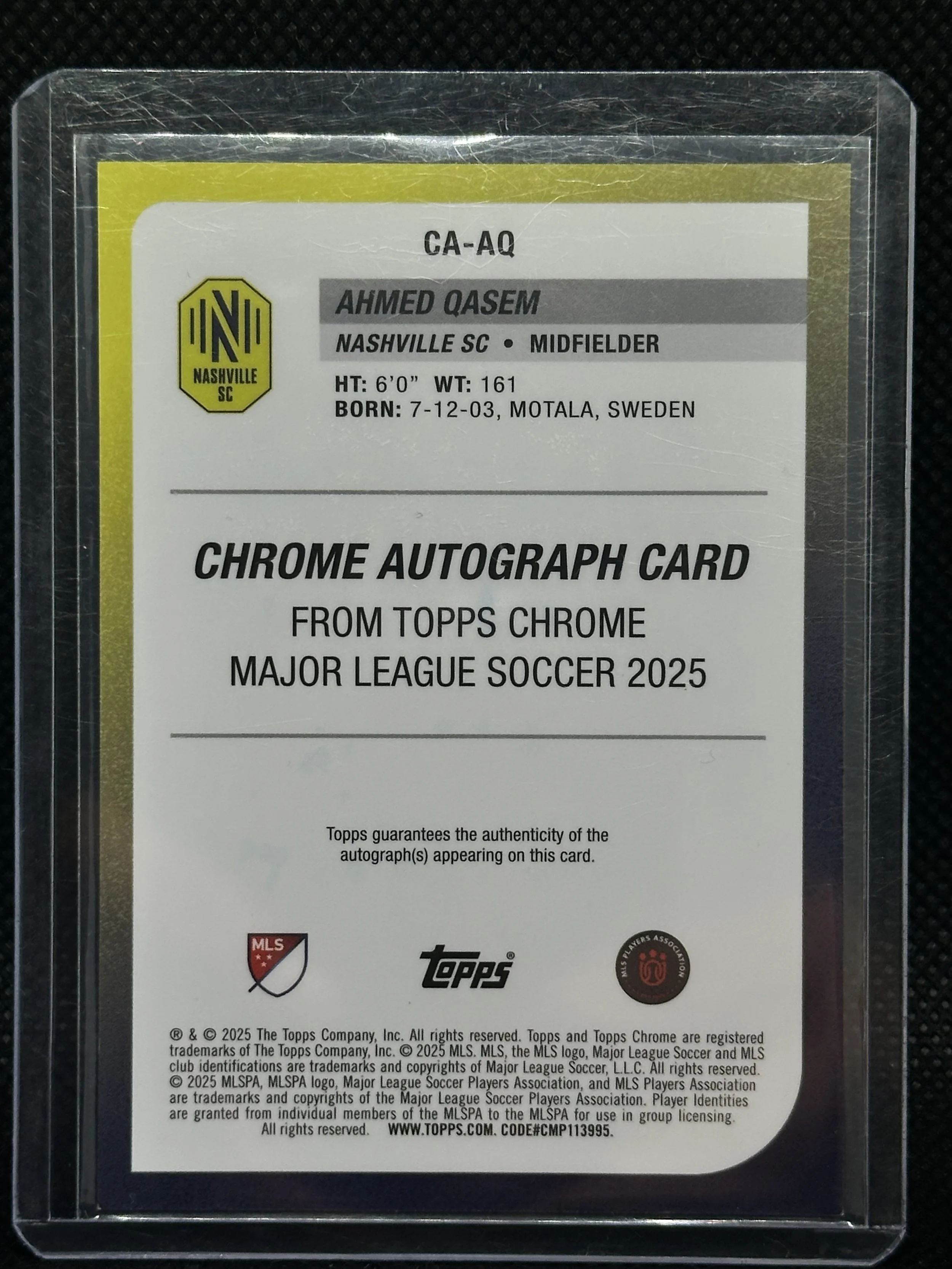 Back of 2025 Topps Chrome MLS Ahmed Qasem Purple Refractor autograph card, numbered 64/75.