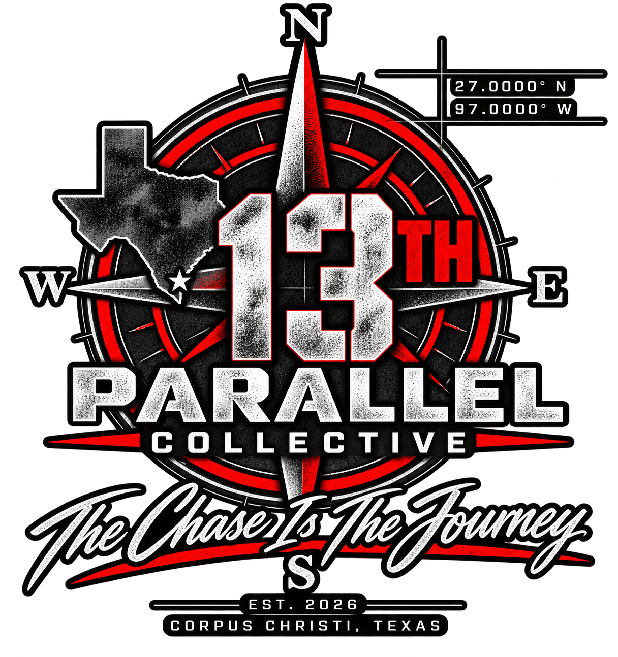 13th Parallel Collecting graphic with a compass, Texas outline, Corpus Christi and The Chase Is the Journey.