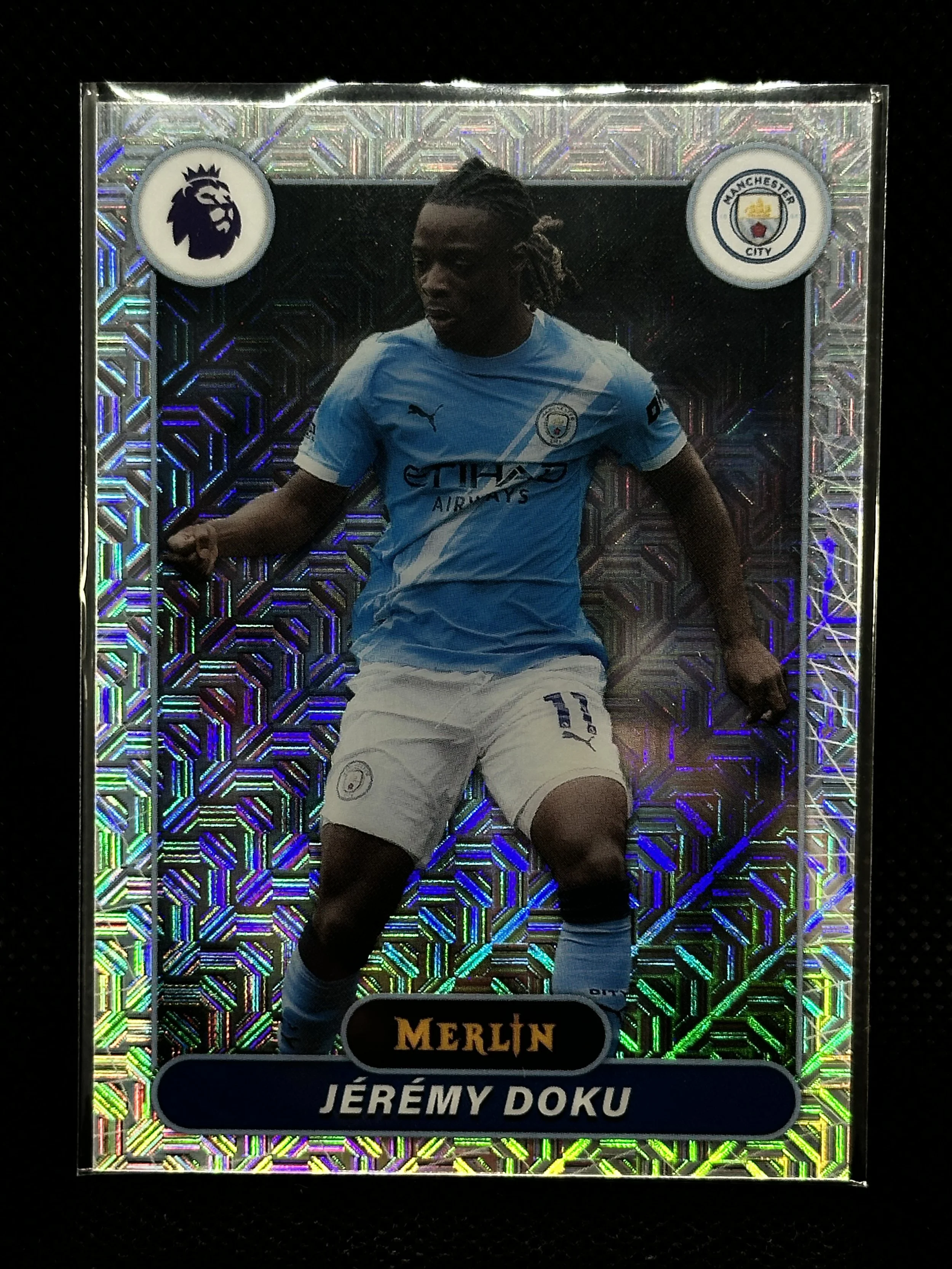 Front of 2025-26 Topps Merlin Premier League Jérémy Doku card #127.
