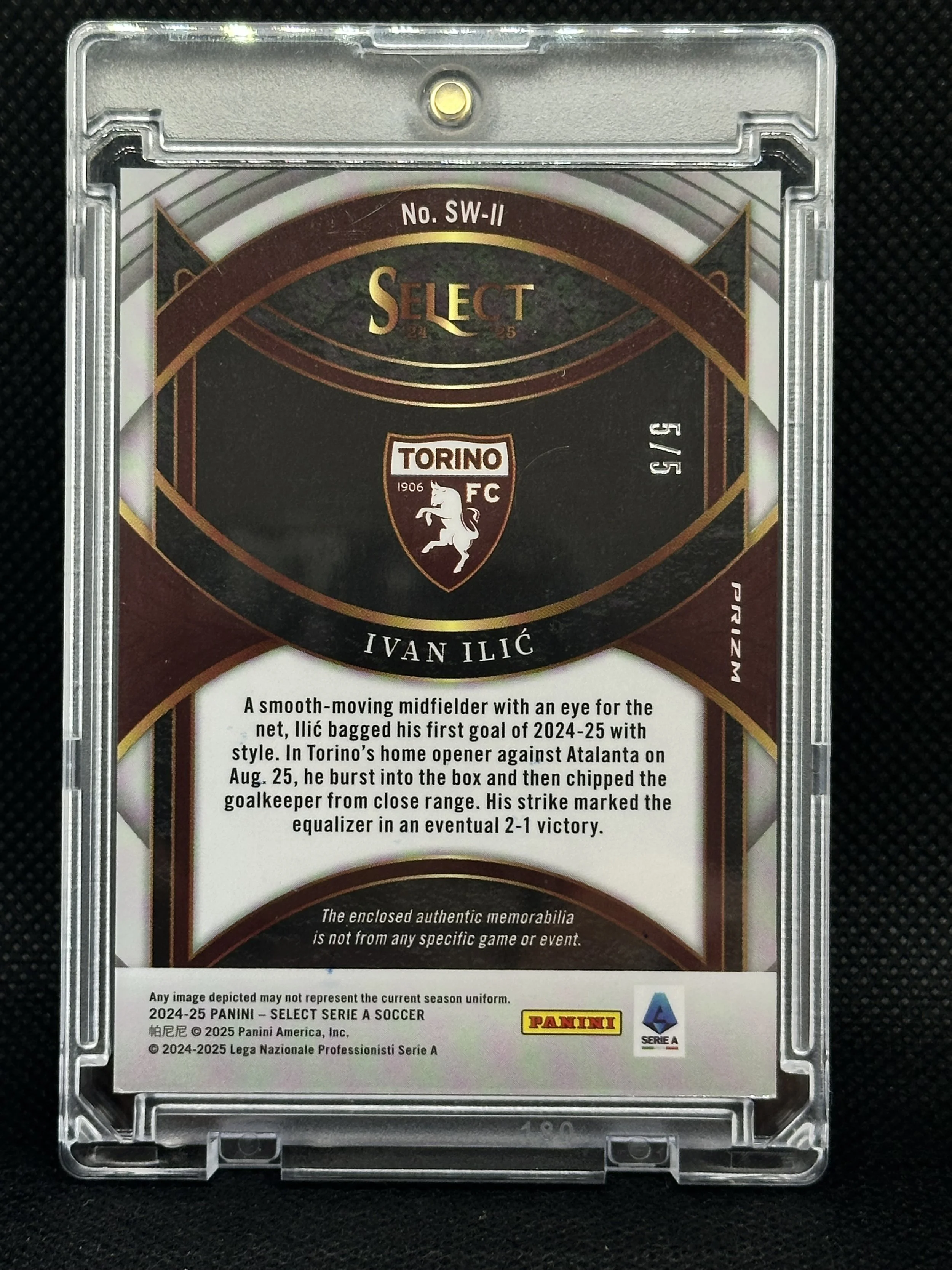 Back of 2024-25 Panini Select Serie A Ivan Ilić Select Swatches Green memorabilia card, numbered 5/5.