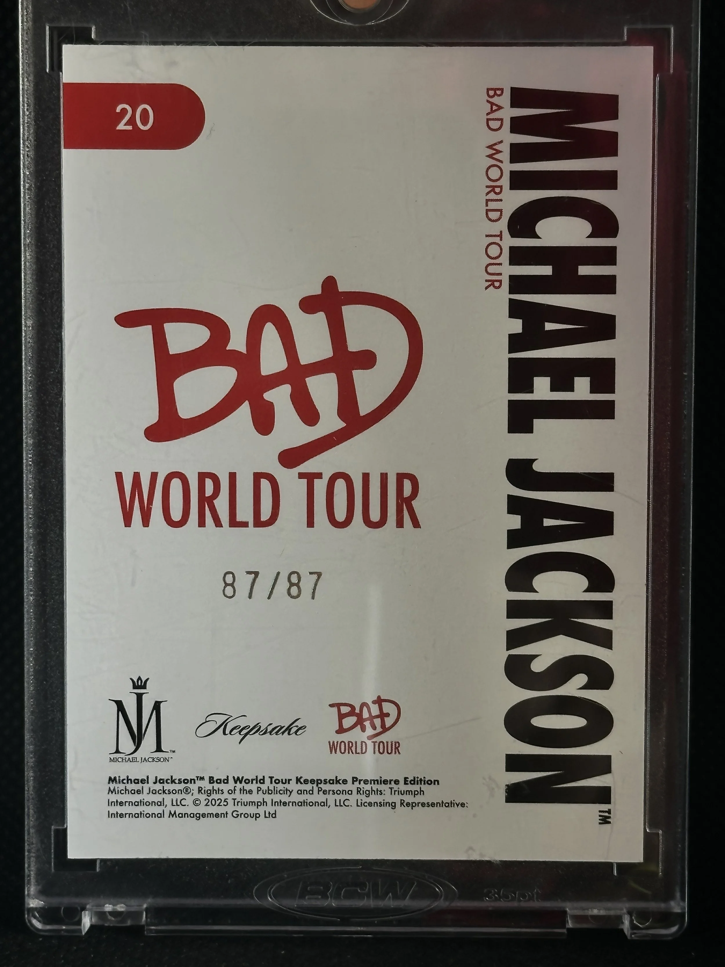 Detail view of 2026 Keepsake Premiere Edition Michael Jackson Bad World Tour #20, numbered 87/87.