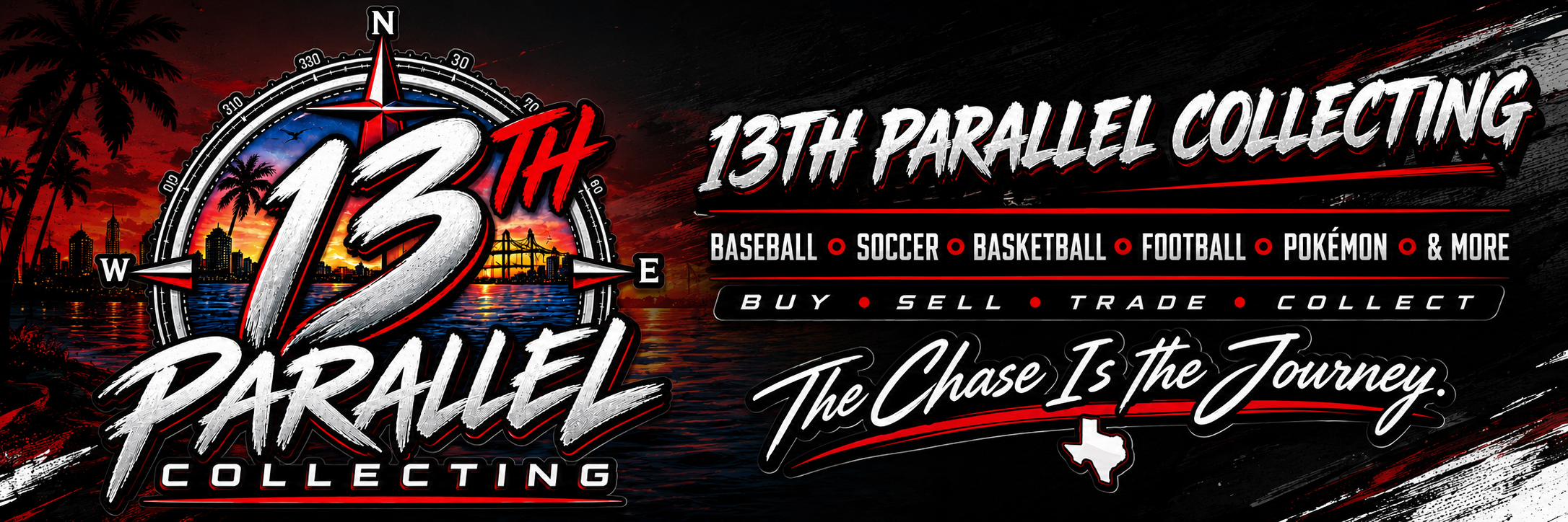 13th Parallel Collecting banner featuring a Corpus Christi skyline, compass and collecting categories.