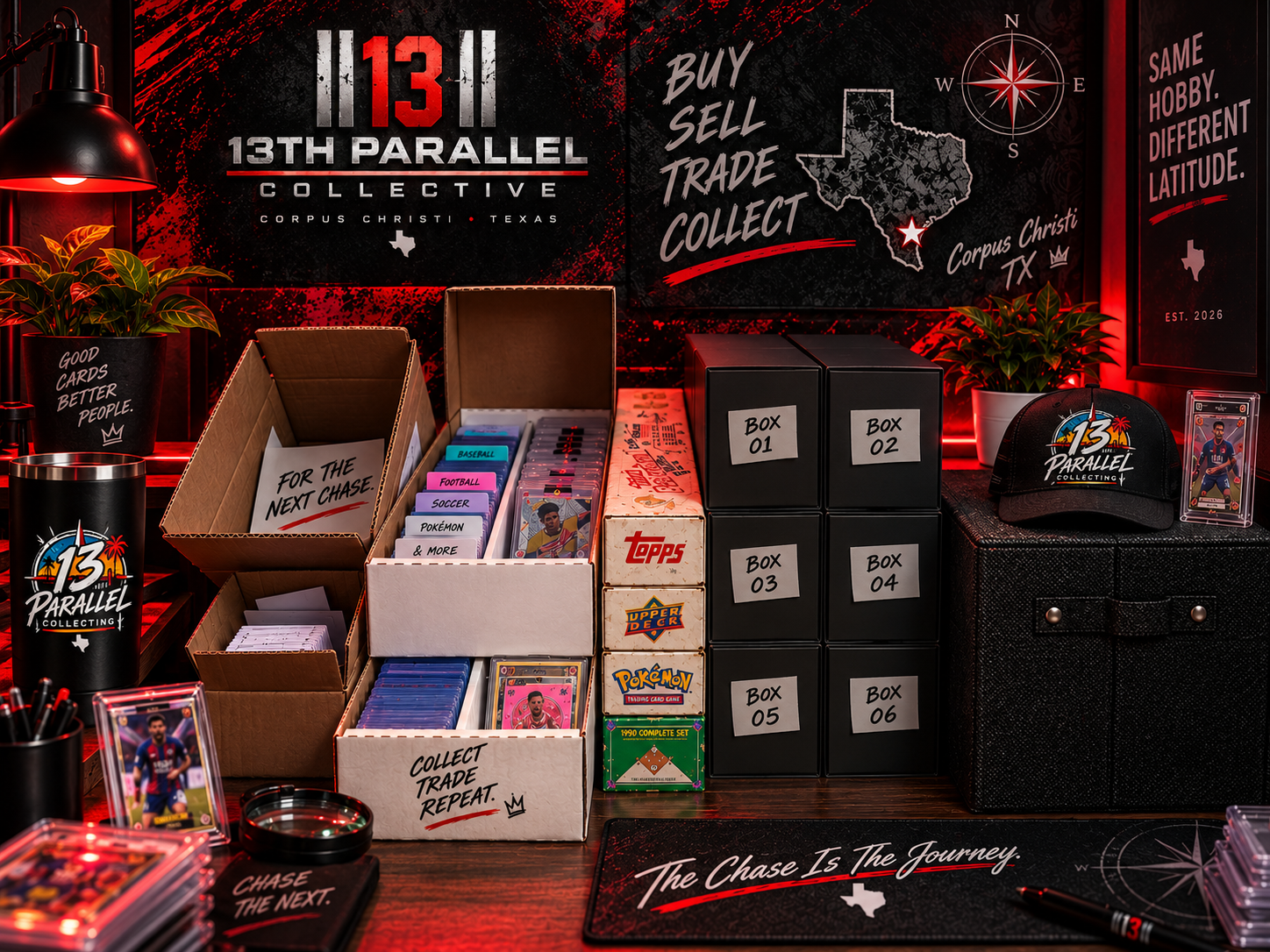 13th Parallel Collecting workspace with organized trading cards, storage boxes and memorabilia.