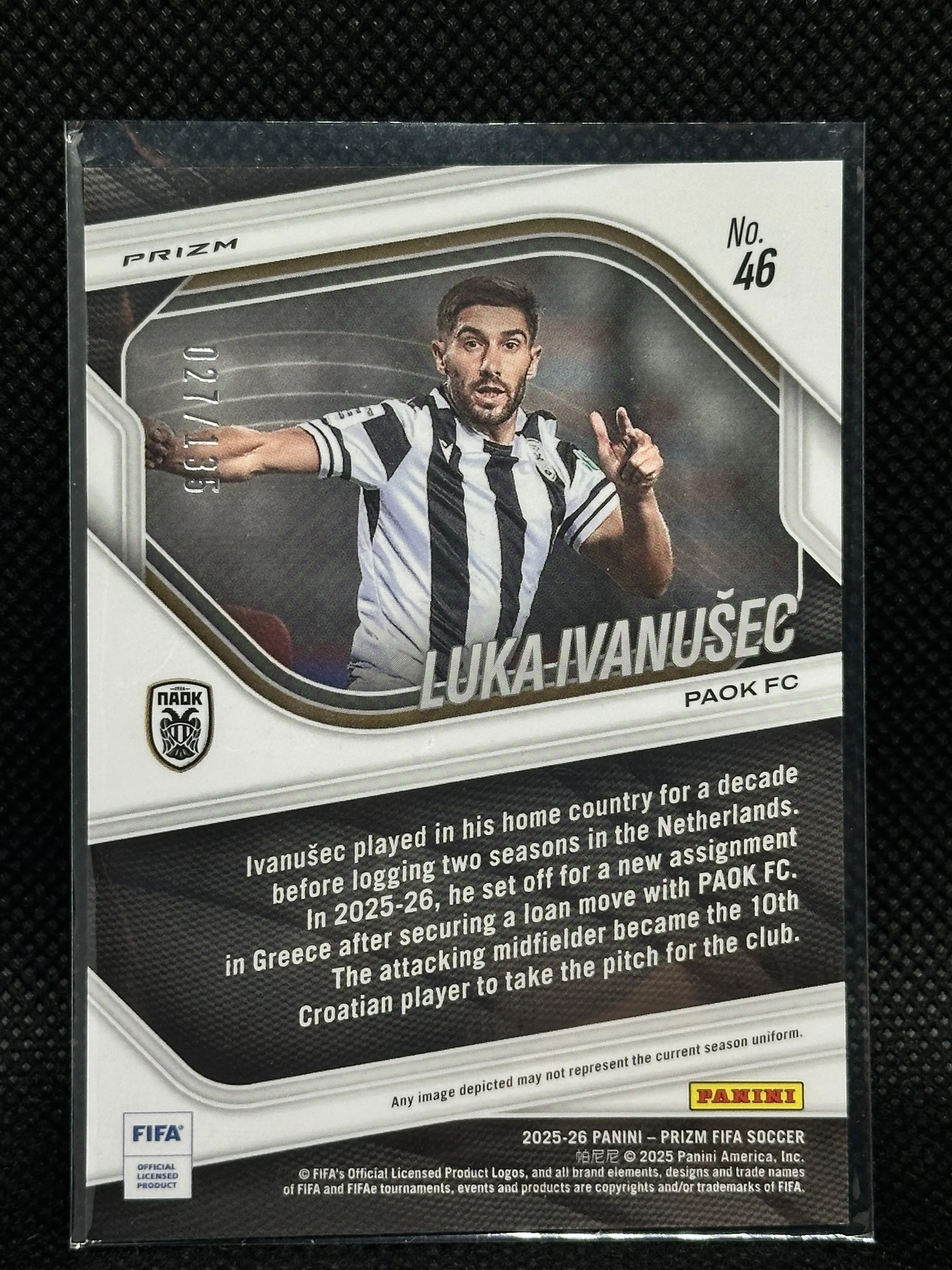 Back of 2025-26 Panini Prizm FIFA Luka Ivanušec card #46, showing serial number 020/135.