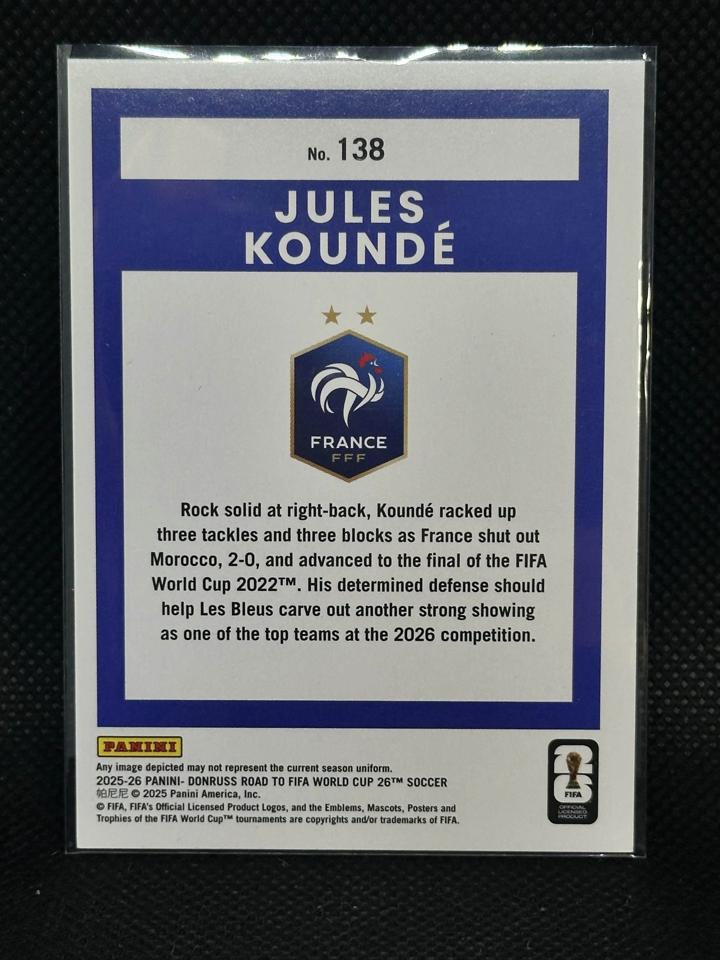 Back of 2025-26 Panini Donruss Road to FIFA World Cup ’26 Jules Koundé card #138.
