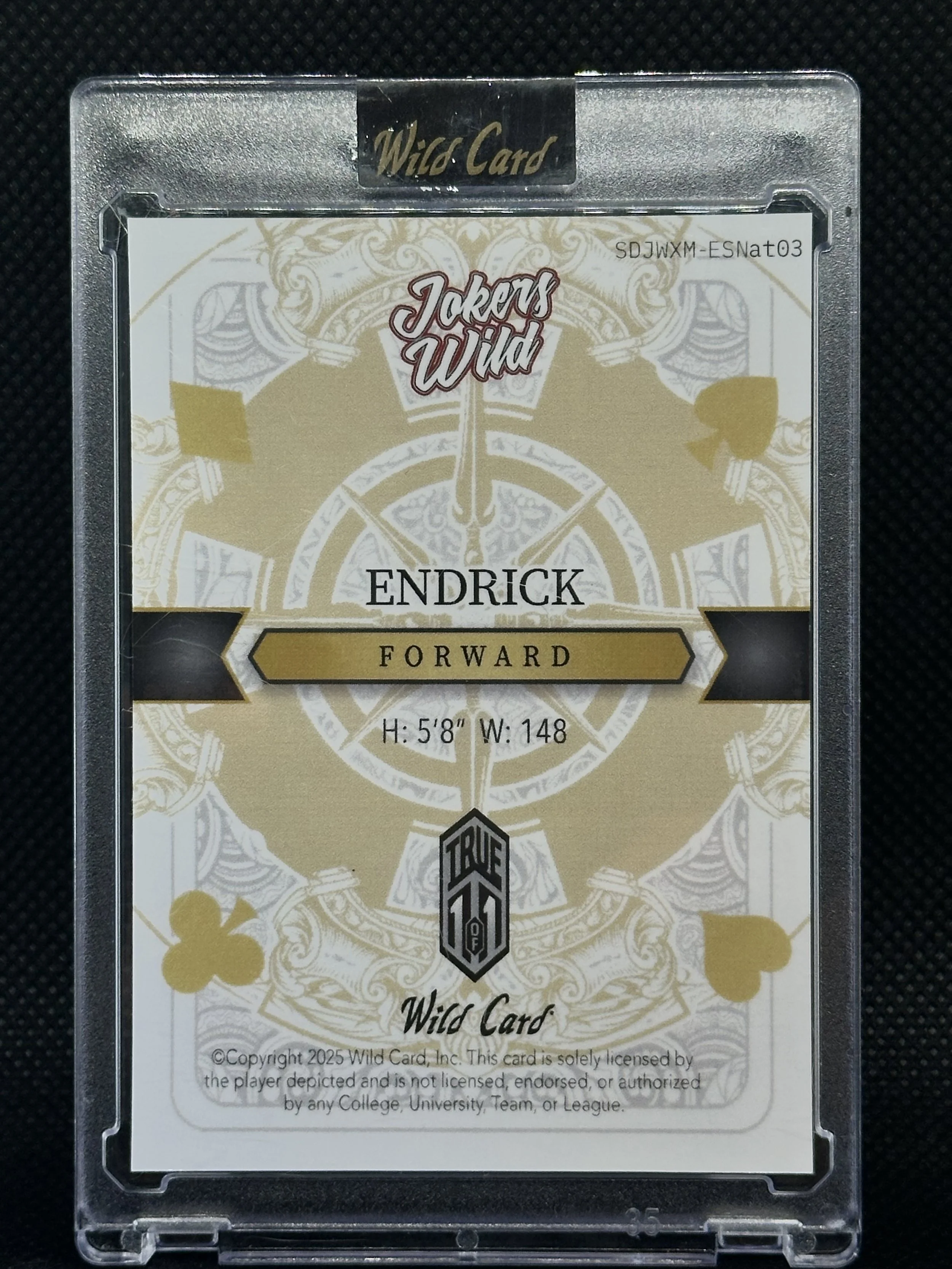 Back of 2025 Wild Card Joker’s Wild Endrick one-of-one card.