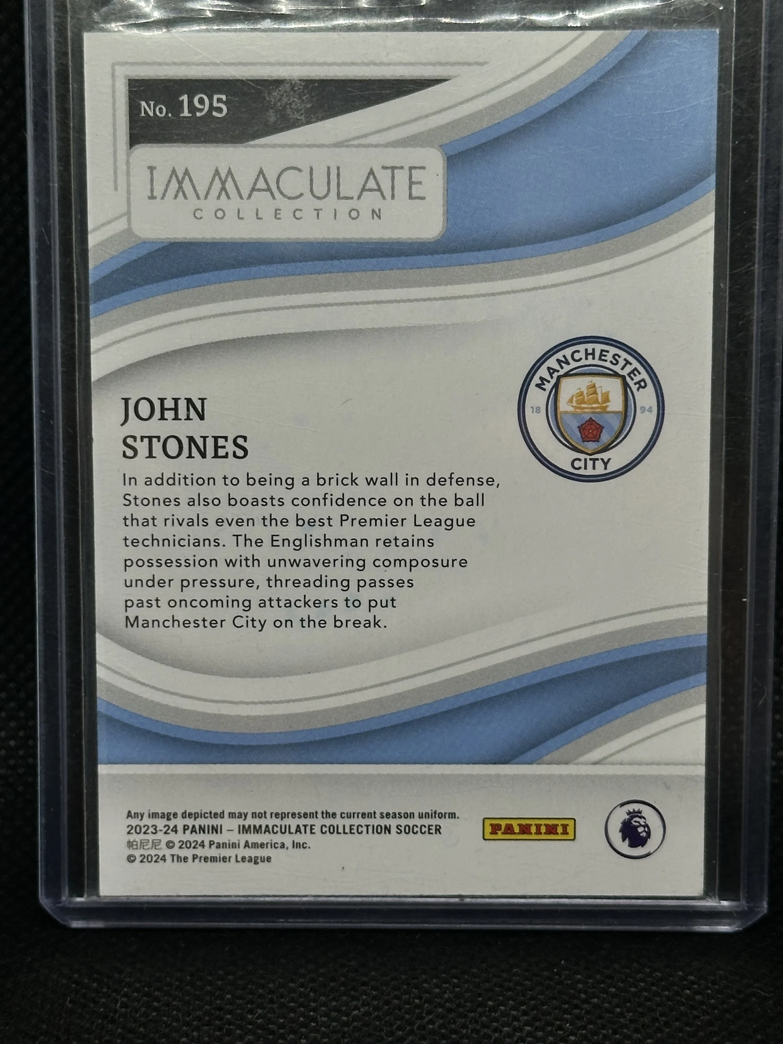 Back of 2023-24 Panini Immaculate Collection John Stones card #195, numbered 10/10.