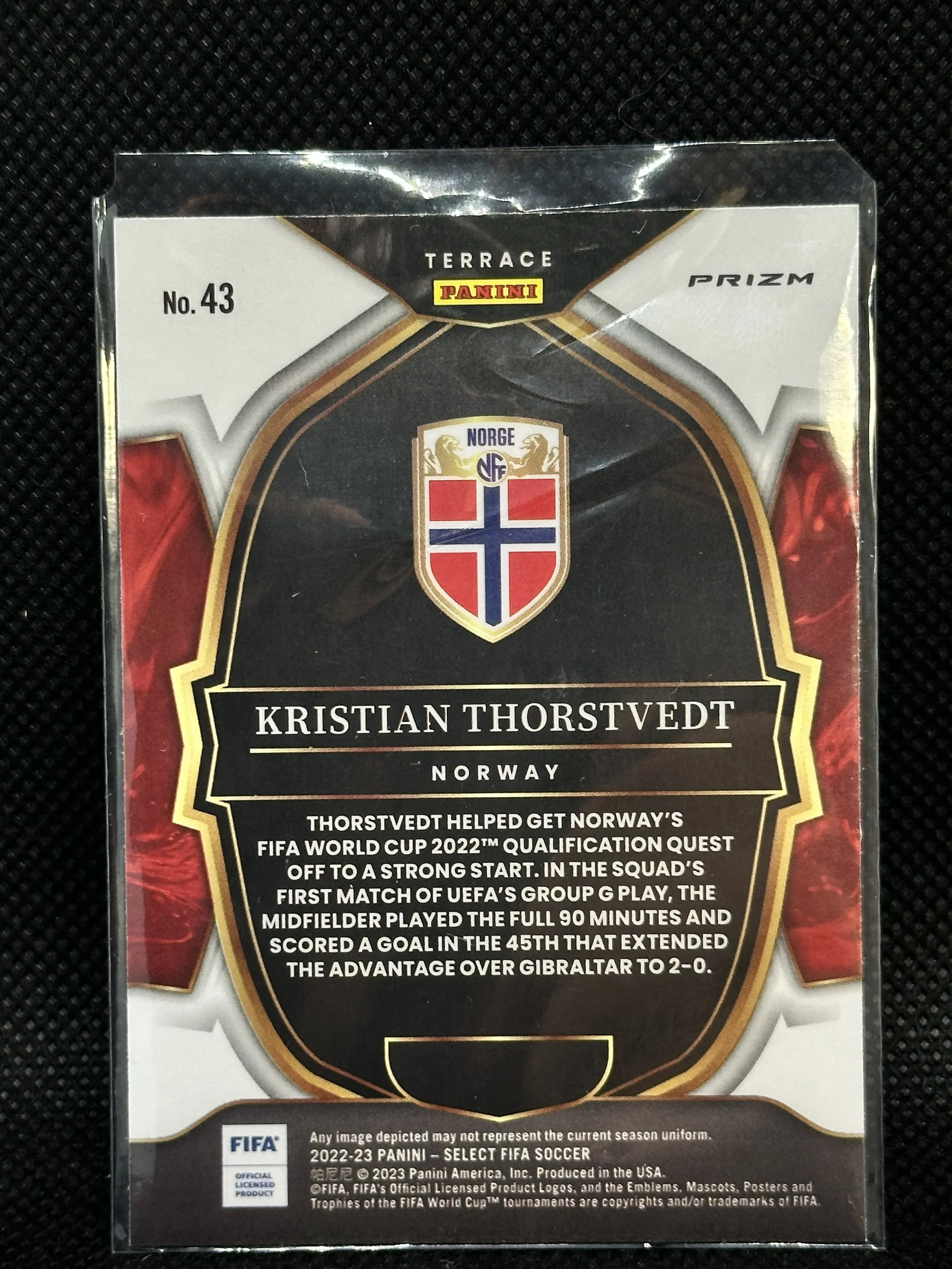 Back of 2022 Select FIFA Kristian Thorstvedt Red Wave card #43.