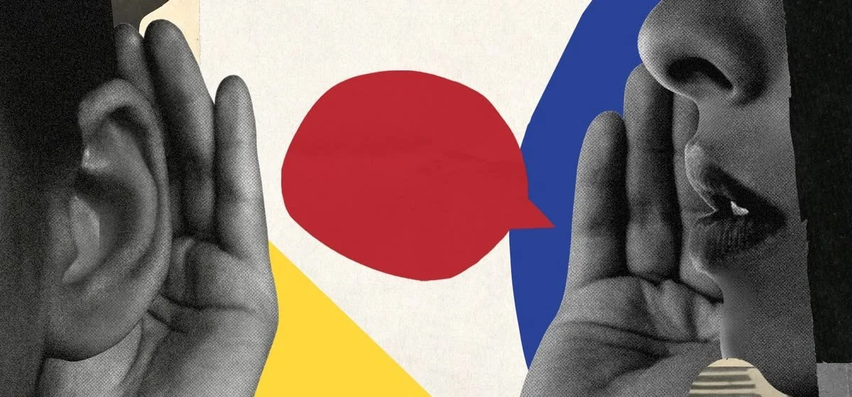 Two black-and-white photos of people calling out to each other with hands cupped around their mouths, set against a colorful background with red, yellow, and blue speech bubbles.