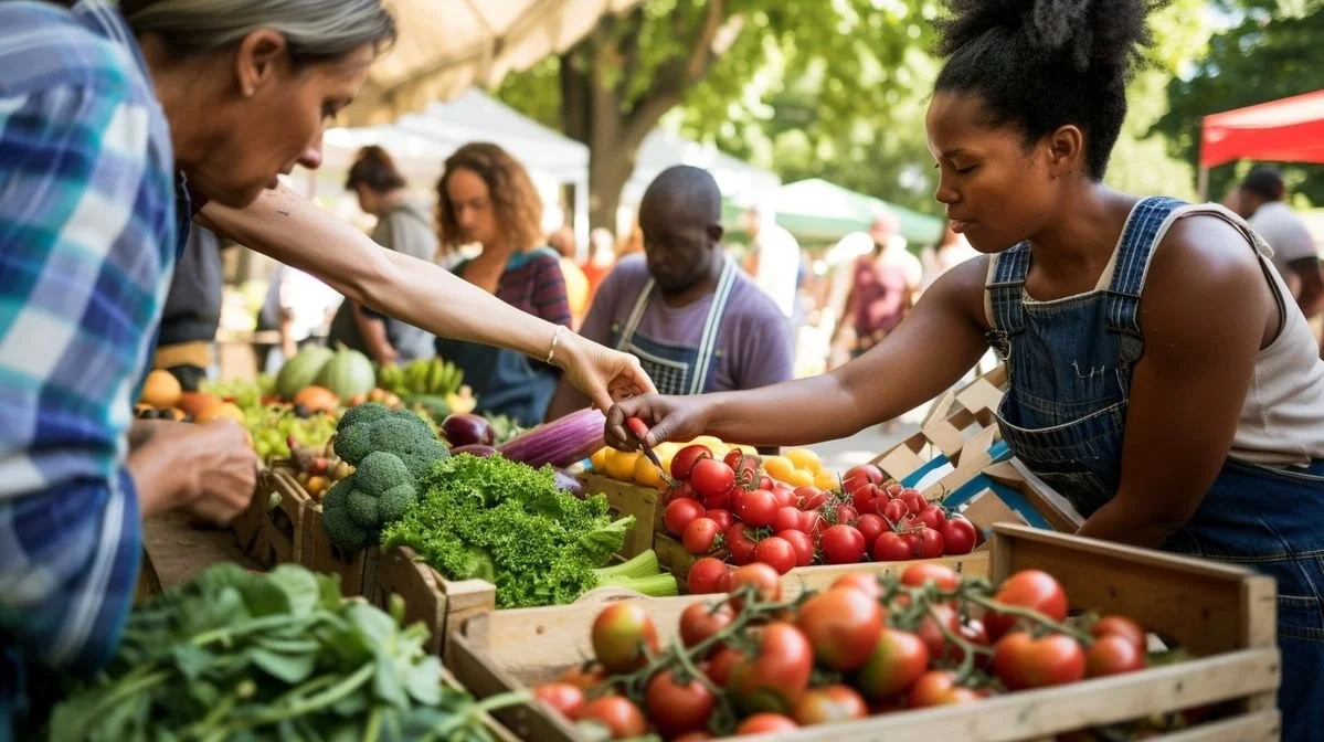 A woman shopping for tomatoes and other vegetables at an outdoor farmers market.