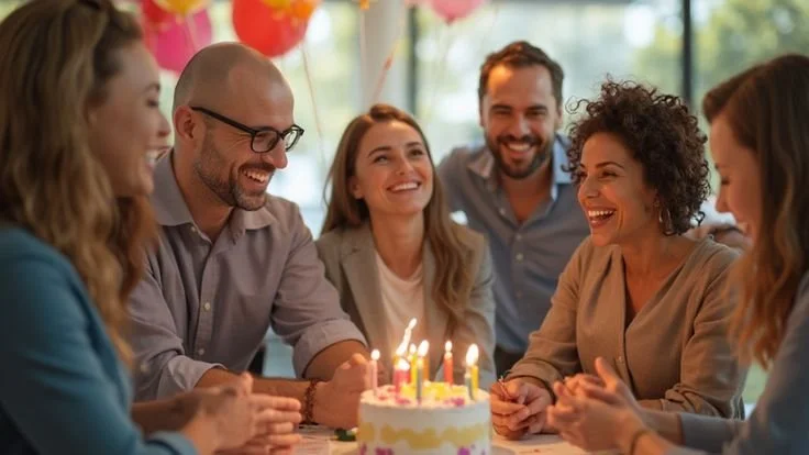 Group of six people celebrating a birthday with a cake and lit candles, smiling and enjoying each other's company.