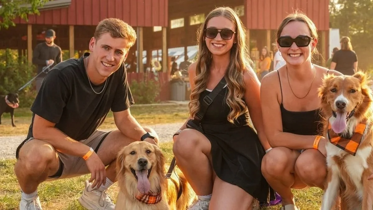 Three young adults, two women and one man, smiling and posing outdoors with two dogs, during a sunny day at a farm or rural setting.