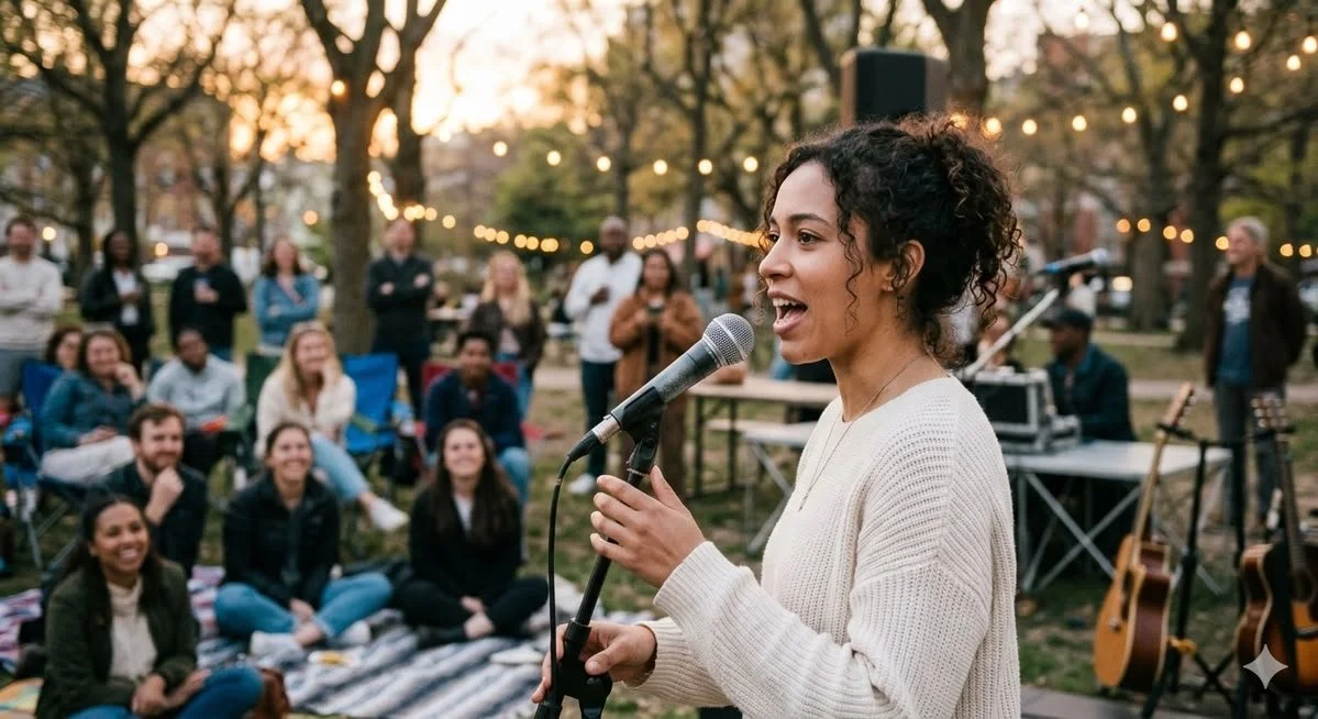 A woman with curly hair holding a microphone and speaking at an outdoor gathering during sunset, with an audience sitting on blankets and string lights hanging overhead.