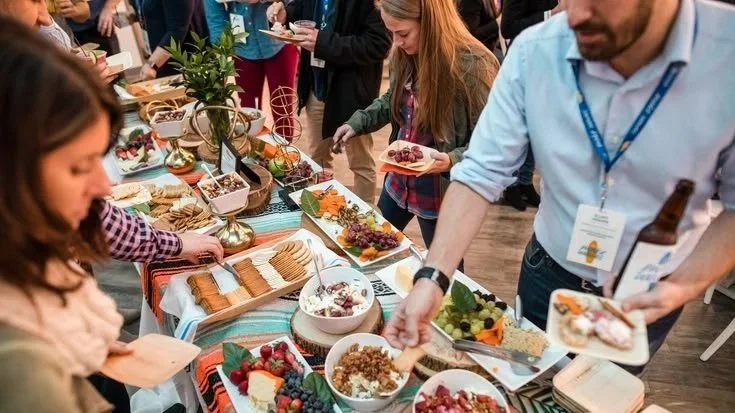 People serving themselves food at a buffet with various dishes, fruits, and desserts.