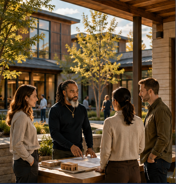 Four professionals gathered around an outdoor table in a modern community setting.
