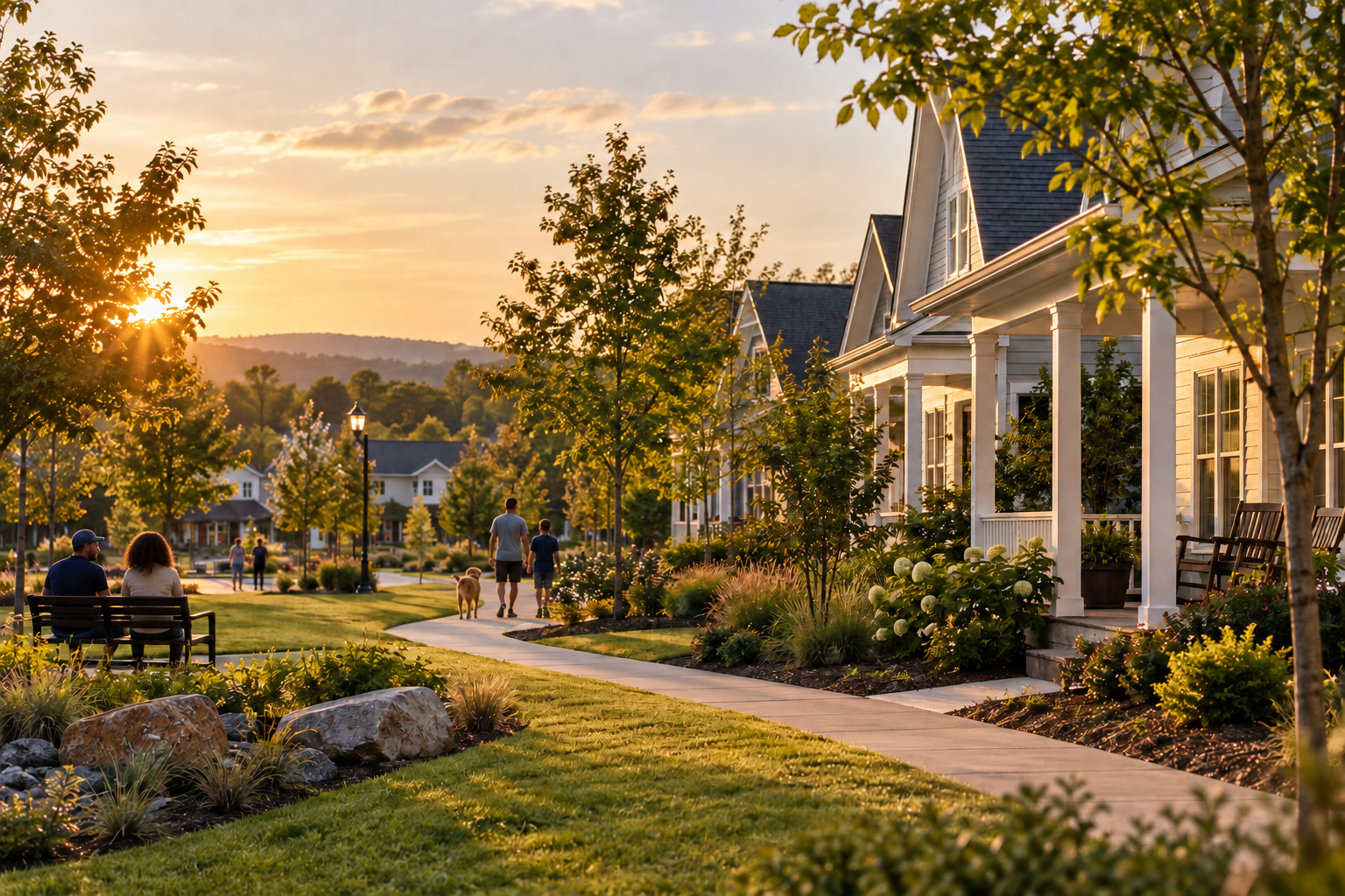 People gathering in a landscaped residential community with homes, trees, walking paths, and shared outdoor spaces.