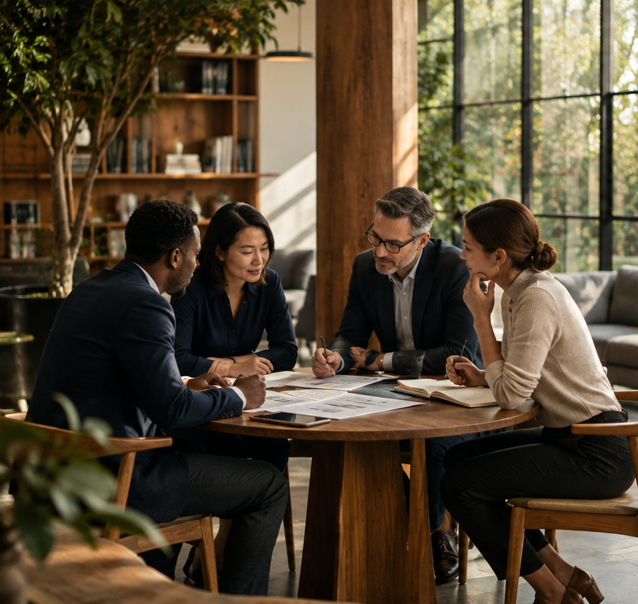 Four professionals collaborating around a table in a modern, light-filled office.