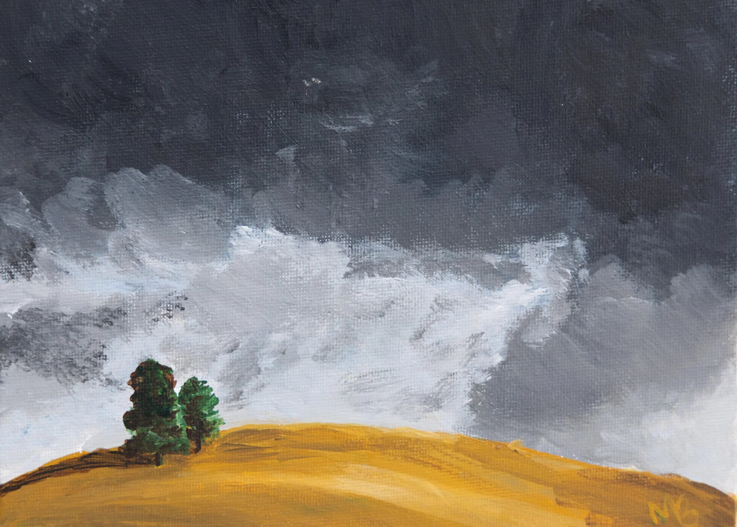 Painting of a landscape with a small hill, a couple of trees, and a large, cloudy sky.
