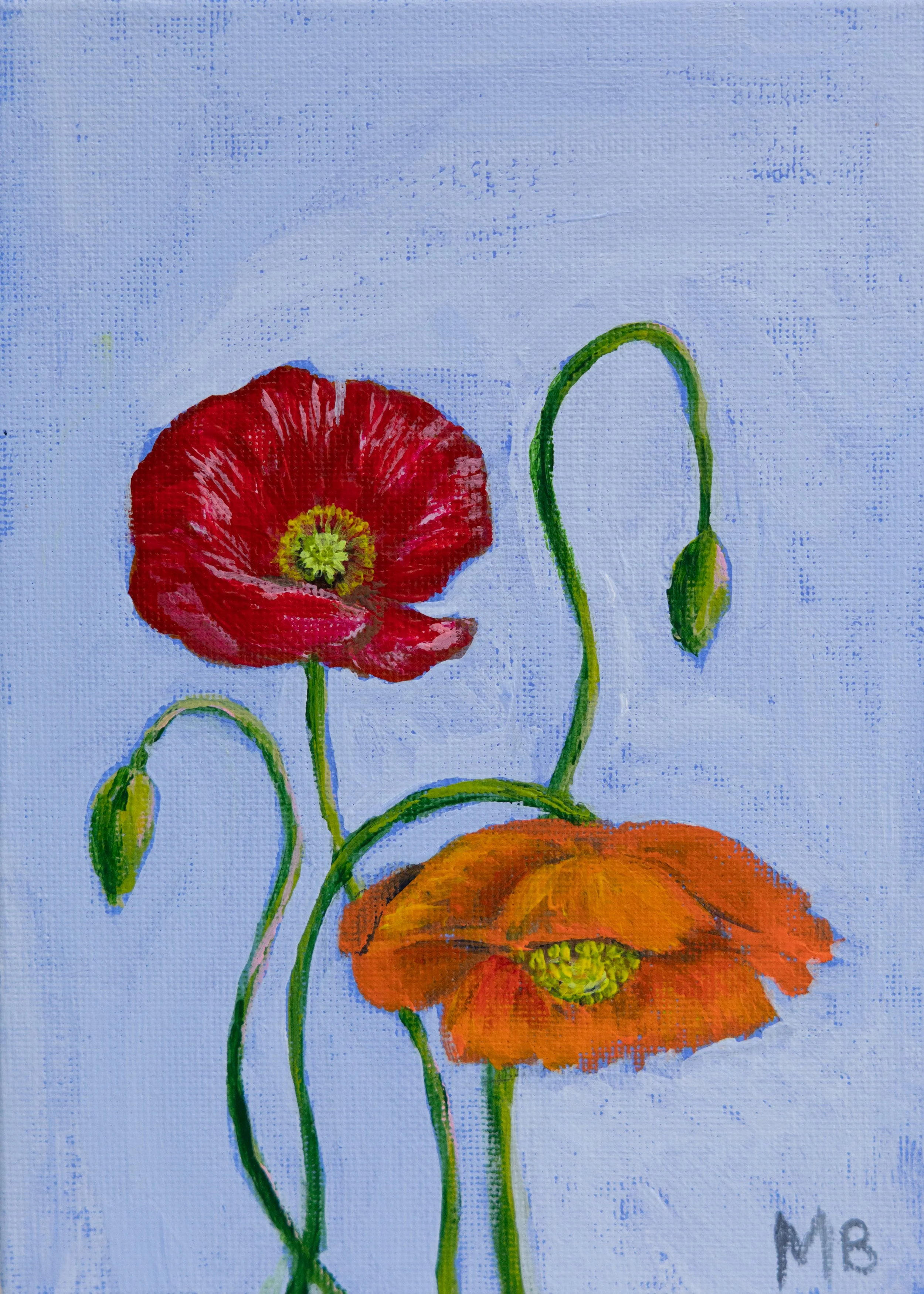 A watercolor painting of three poppy flowers with green stems against a light blue background. The top flower is red with a yellow center, and the bottom flower is orange with a yellow and black center. The artist's initials, MIB, are in the lower right corner.