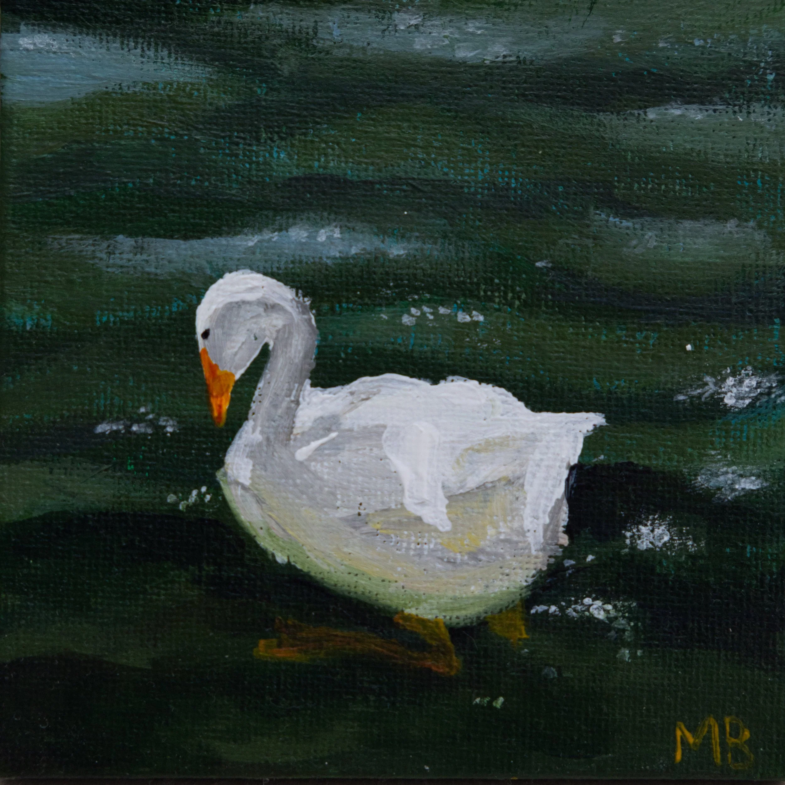 A painting of a white swan with an orange beak against a dark green and black background.